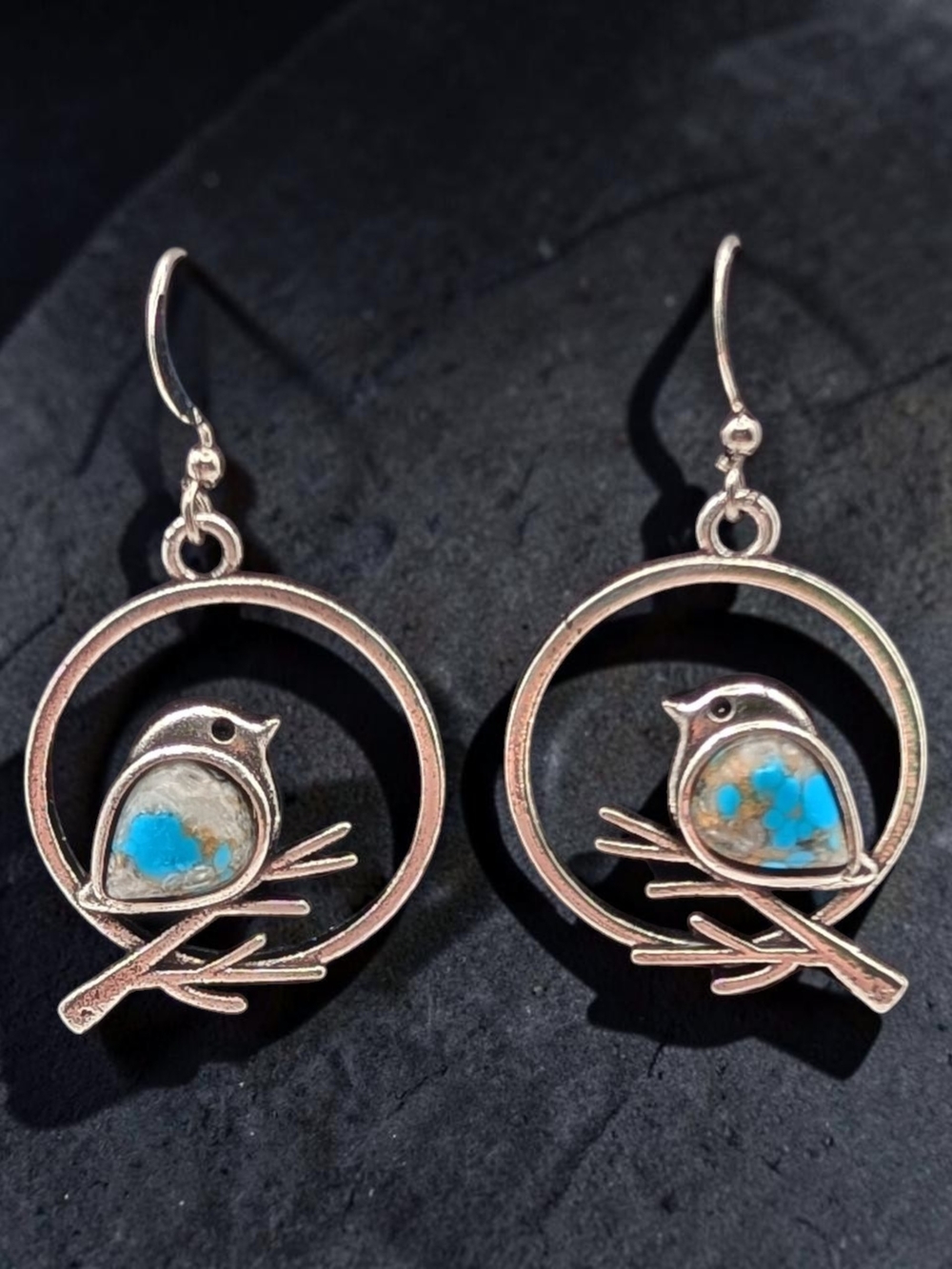 Silver Tone Bird Drop Earrings with Turquoise Inlay - Blue